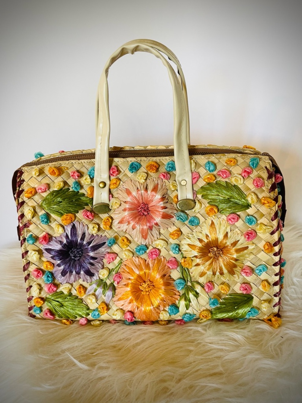 VTG Handbag Straw Raffia Floral Woven Bag Mid Century Philippines Colorful Purse - Picture 5 of 13